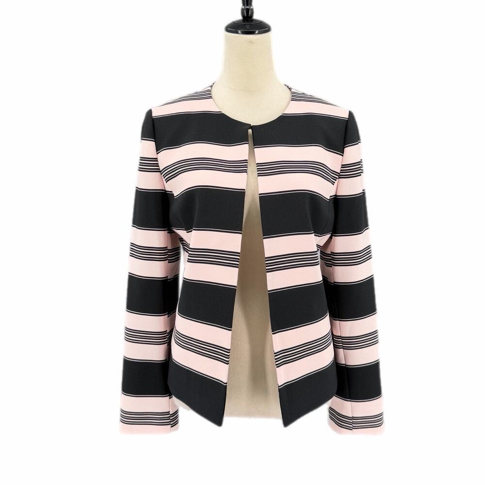 Tahari Pink Black Striped Open Professional Workwear Career Chic Office Jacket